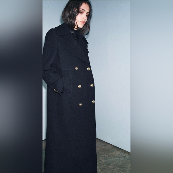 Zara Navy Pea Coat with Gold Buttons - Picture 2 of 9